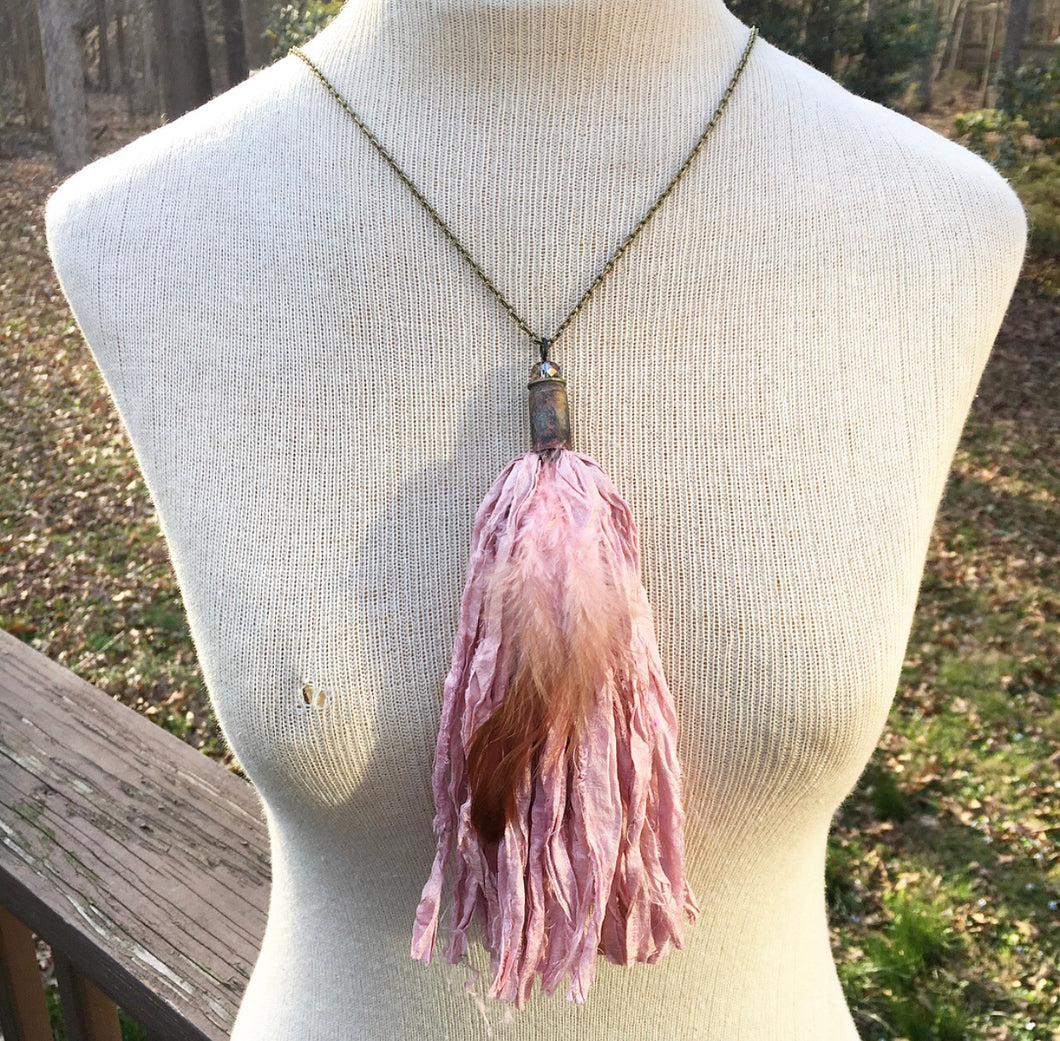 Pretty in Pink Tassel Necklace with Feather
