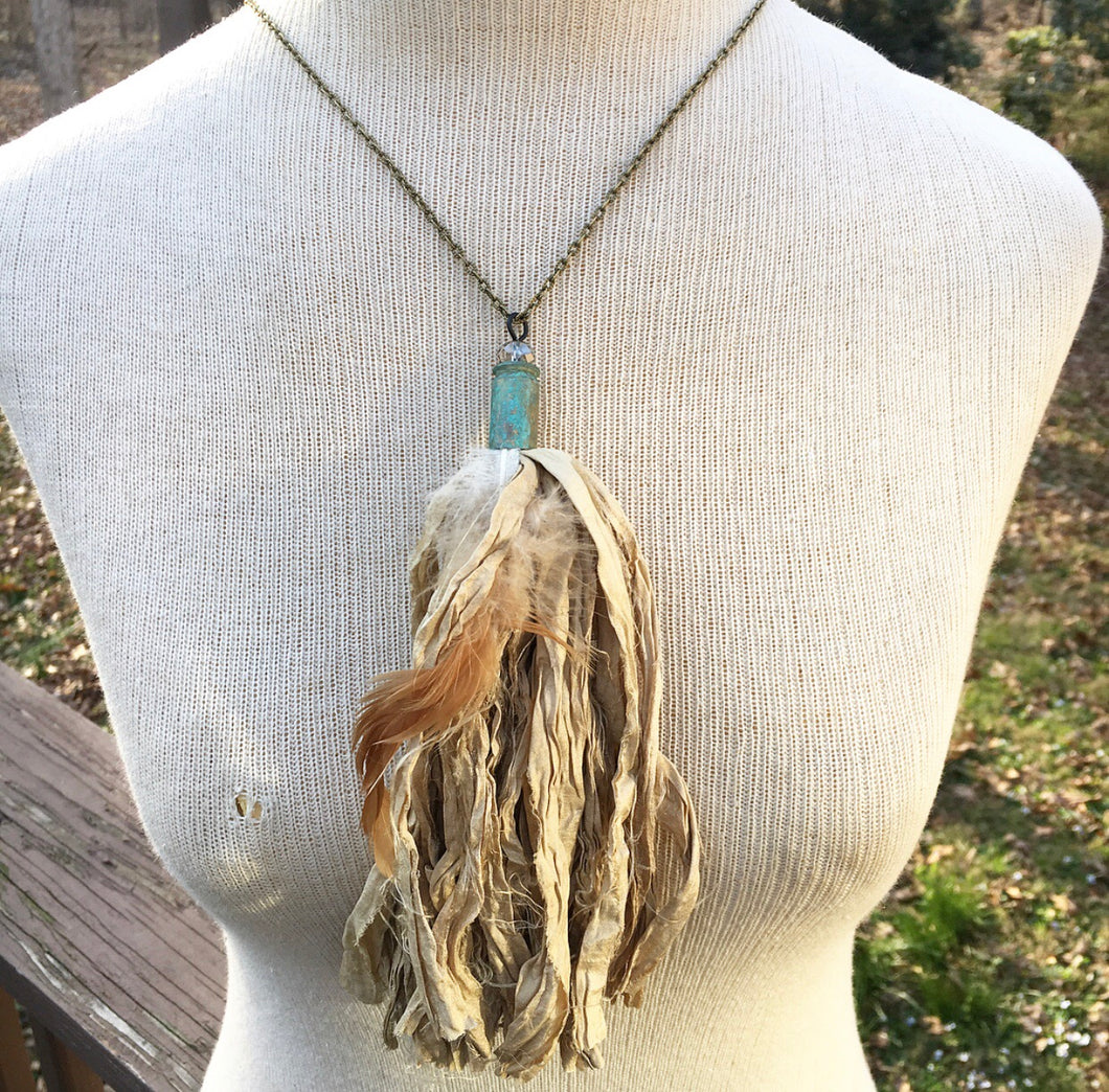 Fawn Tan Tassel Necklace with Feather