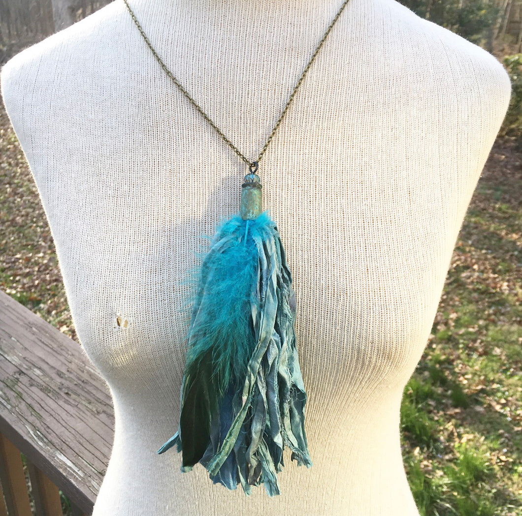 Teal Tassel Necklace with Feather