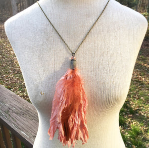 Coral Tassel Necklace with Feather
