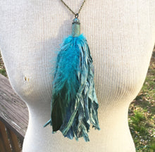 Load image into Gallery viewer, Teal Tassel Necklace with Feather