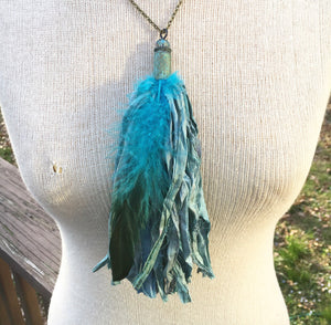 Teal Tassel Necklace with Feather