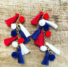 Load image into Gallery viewer, Red/White/Blue Tassel Dangle Earrings