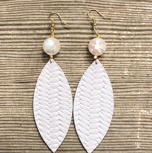 White Fishtail Leather Earrings with Bead